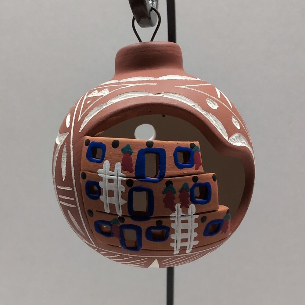 Acoma Pueblo Pottery NM Christmas Ball Ornament Dwelling Scene Signed JBG